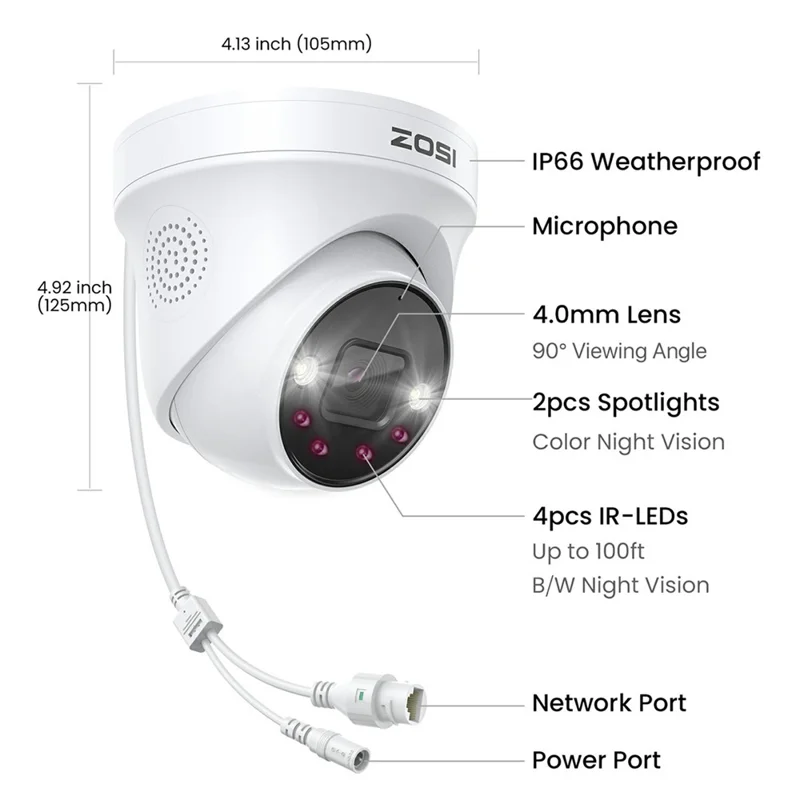 ZOSI 24Pcs Face Vehicle Detection Two-Way Audio 24 / 7 Recording 8MP PoE Cameras + 32CH 4K NVR with 8TB HDD - US Plug