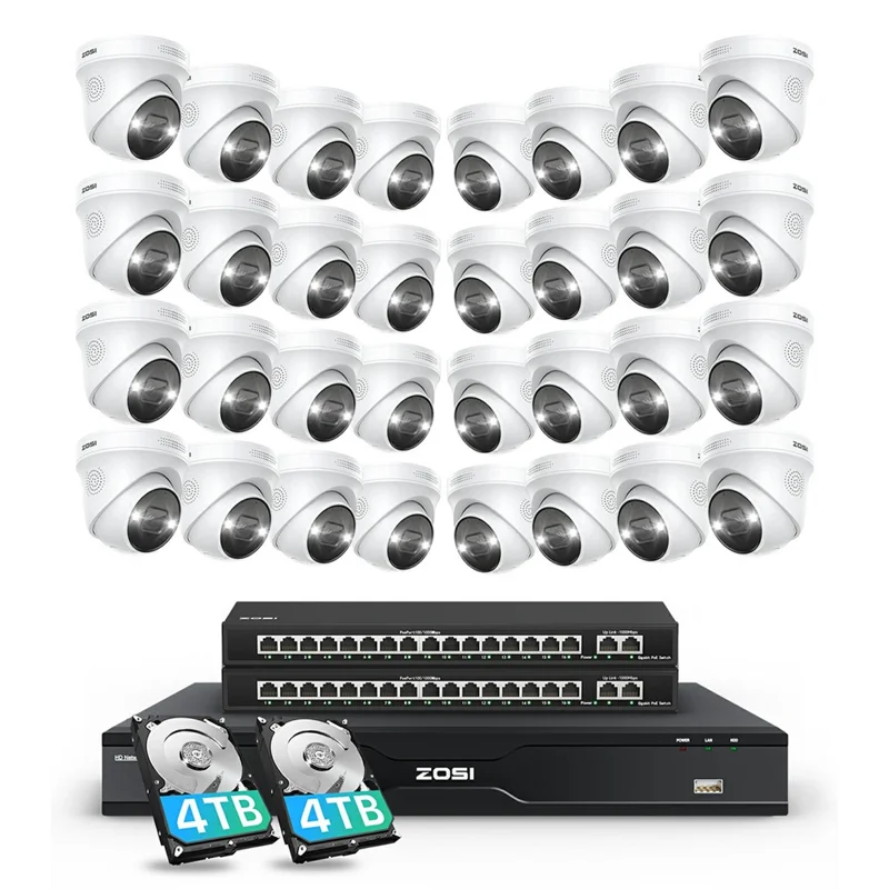 ZOSI 32Pcs Face Vehicle Detection 2 Way Audio 4K PoE Spotlight Cameras + 32CH 8MP NVR with 8TB HDD for Business 24 / 7 Recording - US Plug