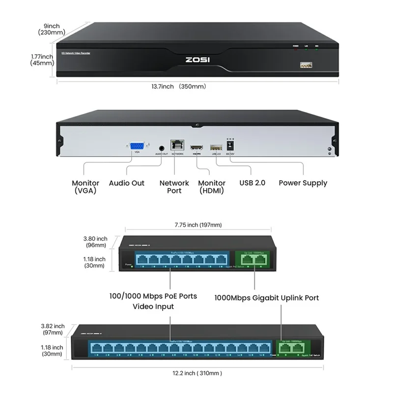 ZOSI 32Pcs Face Vehicle Detection 2 Way Audio 4K PoE Spotlight Cameras + 32CH 8MP NVR with 8TB HDD for Business 24 / 7 Recording - US Plug