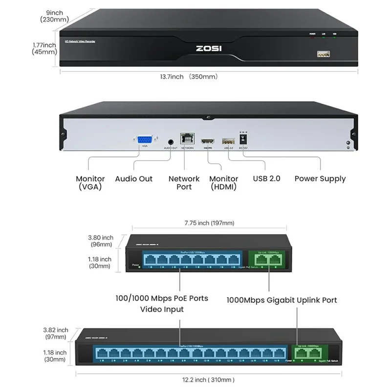 ZOSI 32-teiliges Auto-Mensch-Tracking Farbige Nachtsicht 8MP PoE Sicherheitskameras + 32-Kanal 4K NVR mit 8 TB Festplatte - US-Stecker
