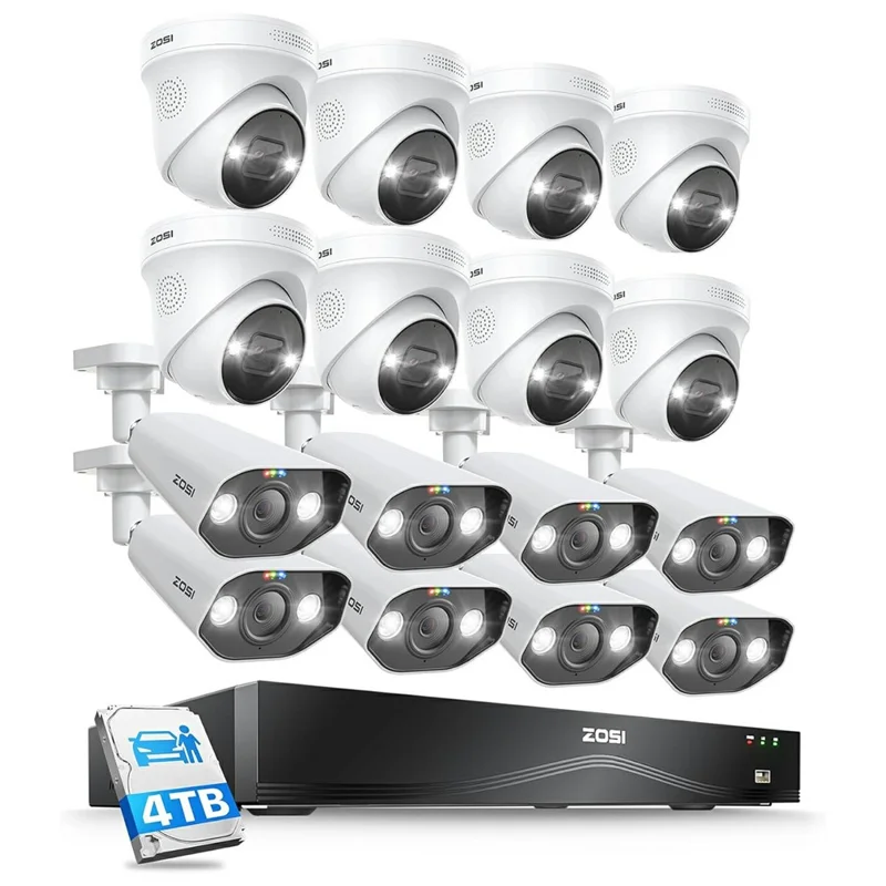ZOSI 16Pcs AI Human Vehicle Detection Two-Way Audio Night Vision 8MP 4K PoE Outdoor Indoor Cameras + 32CH NVR with 4TB HDD - US Plug