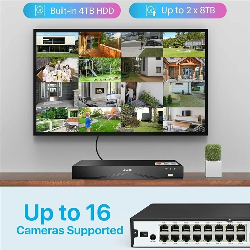 ZOSI 16Pcs AI Human Vehicle Detection Two-Way Audio Night Vision 8MP 4K PoE Outdoor Indoor Cameras + 32CH NVR with 4TB HDD - US Plug