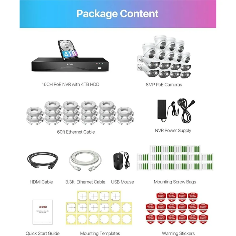 ZOSI 16Pcs AI Human Vehicle Detection Two-Way Audio Night Vision 8MP 4K PoE Outdoor Indoor Cameras + 32CH NVR with 4TB HDD - US Plug
