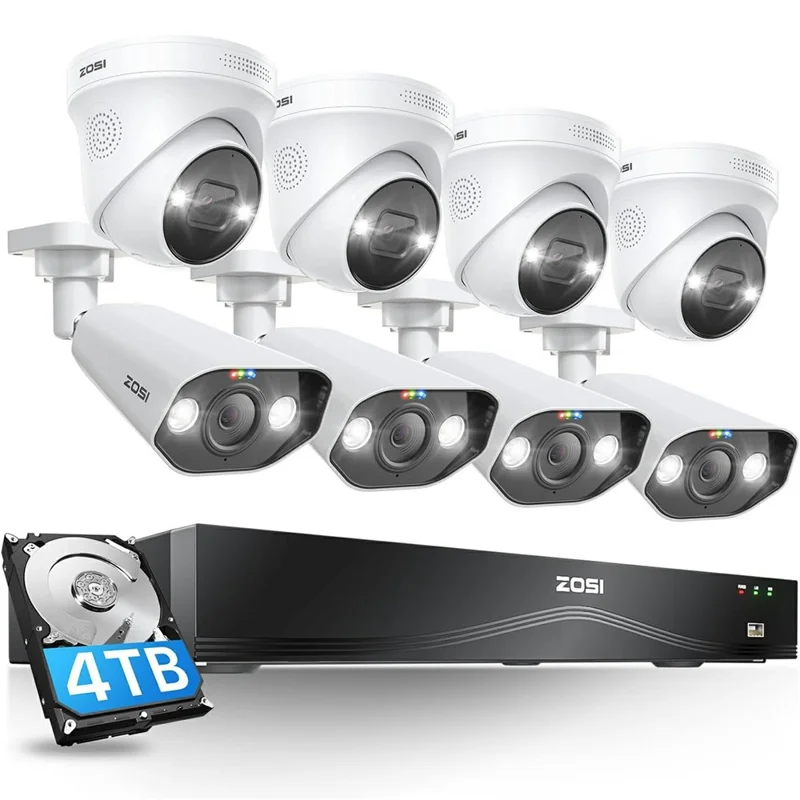 ZOSI 8Pcs Human Vehicle Detection Two-Way Audio Night Vision 8MP 4K PoE Cameras + 16-Port 32CH NVR with 4TB HDD - US Plug