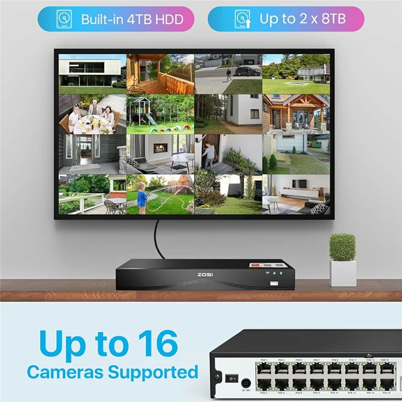 ZOSI 8Pcs Human Vehicle Detection Two-Way Audio Night Vision 8MP 4K PoE Cameras + 16-Port 32CH NVR with 4TB HDD - US Plug