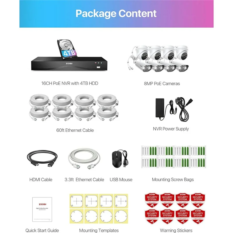 ZOSI 8Pcs Human Vehicle Detection Two-Way Audio Night Vision 8MP 4K PoE Cameras + 16-Port 32CH NVR with 4TB HDD - US Plug