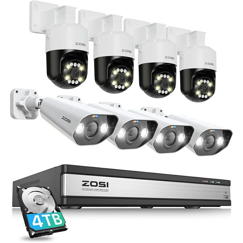 ZOSI 8 Telecamere IP PoE con Audio Bidirezionale, Zoom Digitale 5x, Registrazione 24/7, 5MP 3K PT + NVR 16 Canali con Hard Disk da 4TB - Spina USA
