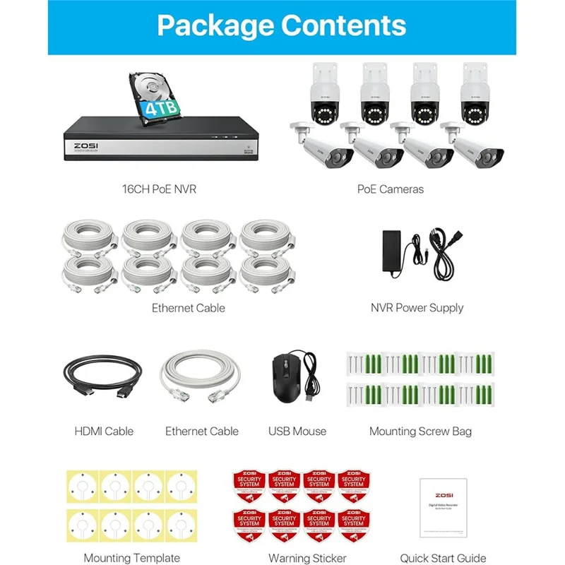 ZOSI 8 Telecamere IP PoE con Audio Bidirezionale, Zoom Digitale 5x, Registrazione 24/7, 5MP 3K PT + NVR 16 Canali con Hard Disk da 4TB - Spina USA