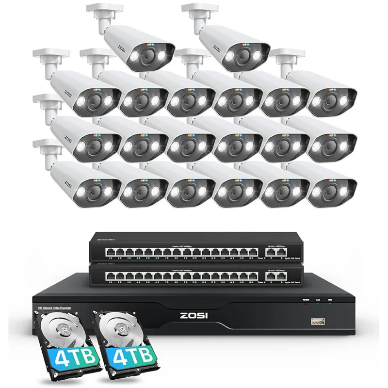 ZOSI 20 Caméras de détection de véhicules à l'intérieur et à l'extérieur avec audio bidirectionnel, 4K, projecteur PoE + NVR 8 canaux 8MP avec disque dur de 8 To - Prise US