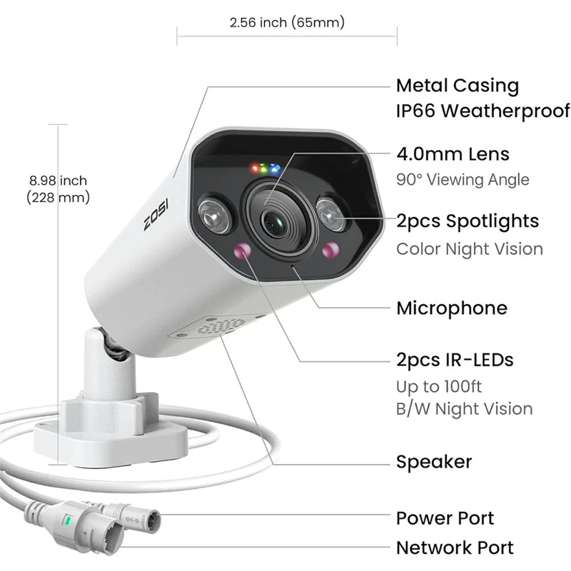 ZOSI 20 Caméras de détection de véhicules à l'intérieur et à l'extérieur avec audio bidirectionnel, 4K, projecteur PoE + NVR 8 canaux 8MP avec disque dur de 8 To - Prise US