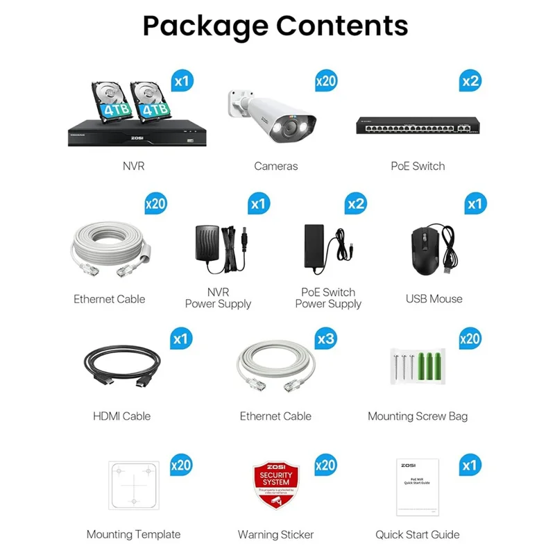 ZOSI 20 Caméras de détection de véhicules à l'intérieur et à l'extérieur avec audio bidirectionnel, 4K, projecteur PoE + NVR 8 canaux 8MP avec disque dur de 8 To - Prise US