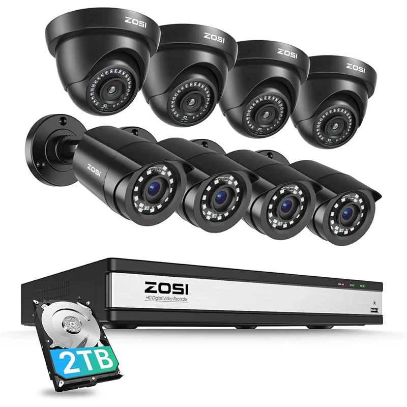 ZOSI 8 Stück KI Mensch-Fahrzeug-Erkennung Nachtsicht Fernzugriff 1080P Außenkameras + 16-Kanal-Rekorder mit 2 TB Festplatte - EU-Stecker