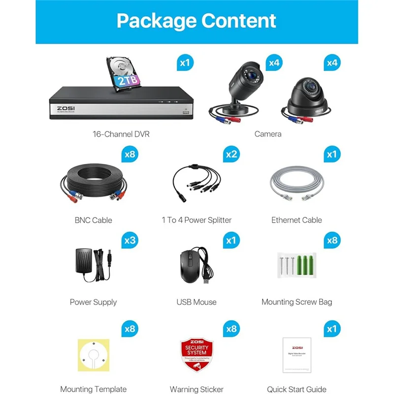 ZOSI 8 Stück KI Mensch-Fahrzeug-Erkennung Nachtsicht Fernzugriff 1080P Außenkameras + 16-Kanal-Rekorder mit 2 TB Festplatte - EU-Stecker