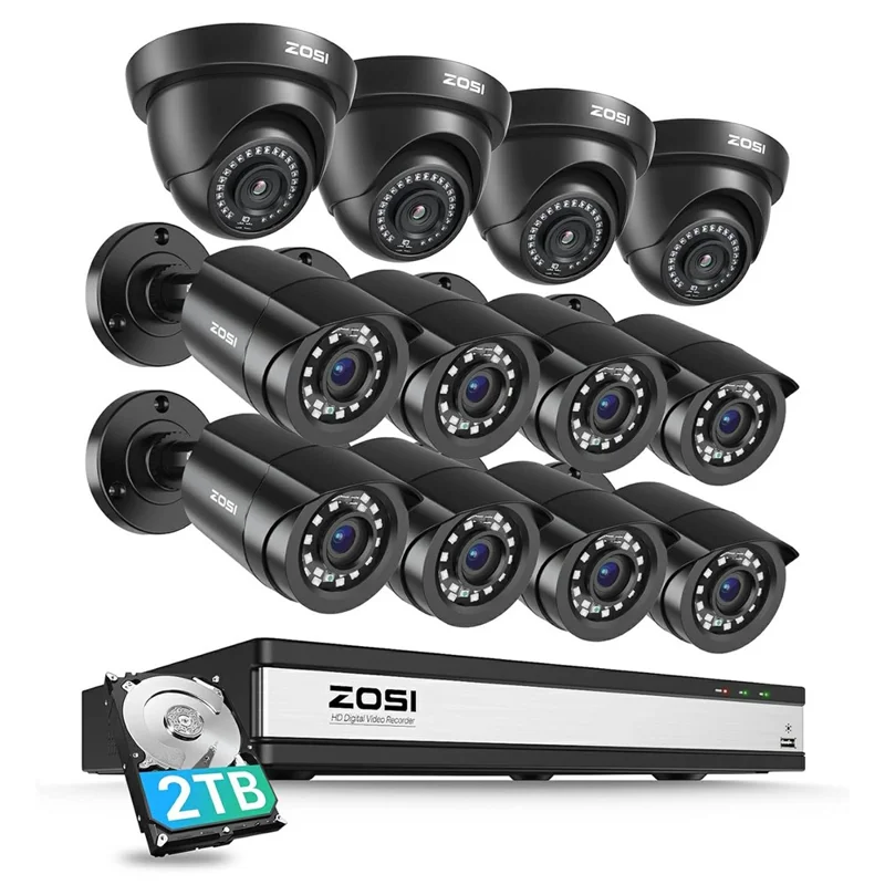 ZOSI 16CH 3K Lite DVR avec HDD de 2 To + 12 Caméras avec Détection IA de Personnes et Véhicules, Vision Nocturne, Accès à Distance H.265+ 1080P - Fiche US