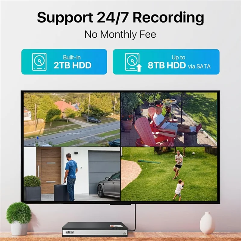ZOSI 16CH 3K Lite DVR avec HDD de 2 To + 12 Caméras avec Détection IA de Personnes et Véhicules, Vision Nocturne, Accès à Distance H.265+ 1080P - Fiche US