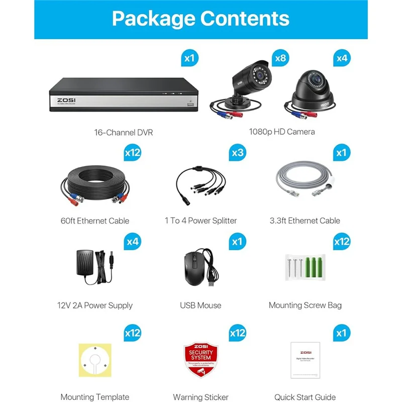 ZOSI 16CH 3K Lite DVR avec HDD de 2 To + 12 Caméras avec Détection IA de Personnes et Véhicules, Vision Nocturne, Accès à Distance H.265+ 1080P - Fiche US