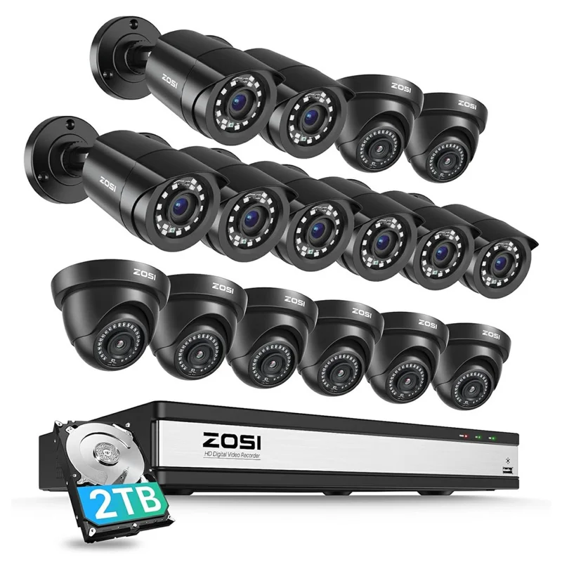 ZOSI 16Pcs Home Business AI Human Vehicle Detection Night Vision 1080P CCTV Cameras + 16CH DVR with 2TB HDD - US Plug