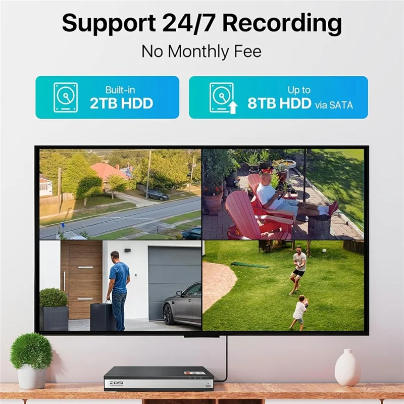 ZOSI 12Pcs AI Human Vehicle Detection Night Vision Wired 1080P Cameras + 16CH DVR with 2TB HDD for 24 / 7 Recording - US Plug