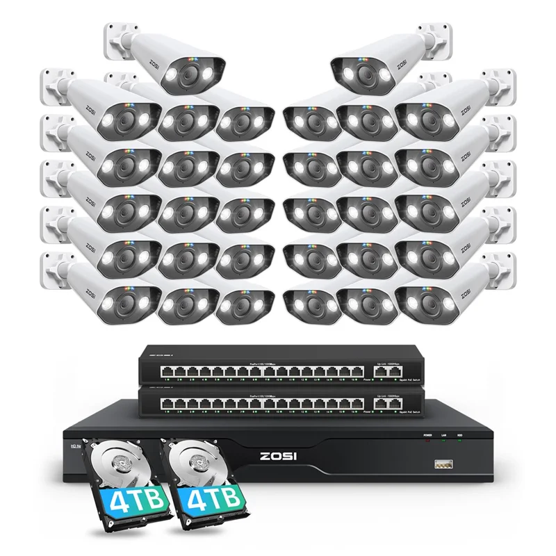 ZOSI 32Pcs AI Detection 2-Way Audio 8MP PoE Security Spotlight Cameras + 32 Channel 4K NVR with 8TB HDD - US Plug