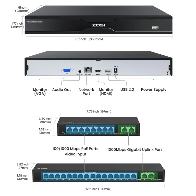 ZOSI 32Pcs AI Detection 2-Way Audio 8MP PoE Security Spotlight Cameras + 32 Channel 4K NVR with 8TB HDD - US Plug
