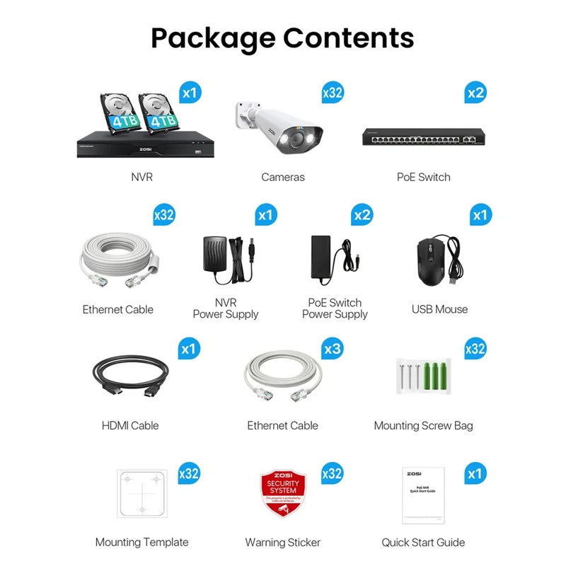 ZOSI 32Pcs AI Detection 2-Way Audio 8MP PoE Security Spotlight Cameras + 32 Channel 4K NVR with 8TB HDD - US Plug
