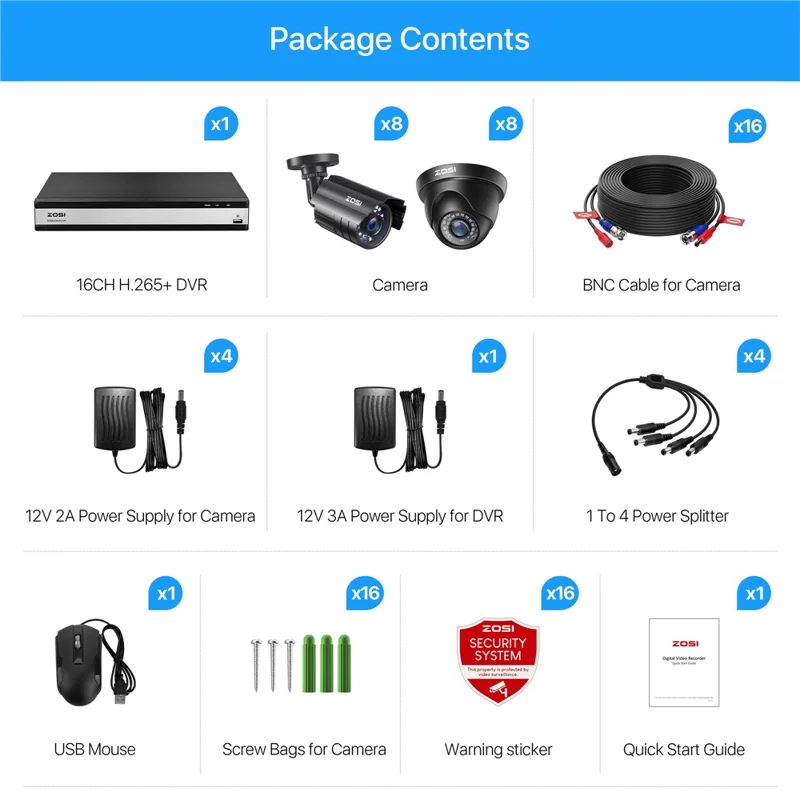 ZOSI C419 16Pcs Home Business AI Human Vehicle Detection Night Vision 1080P Security Cameras + 16 Channel DVR - Black / US Plug