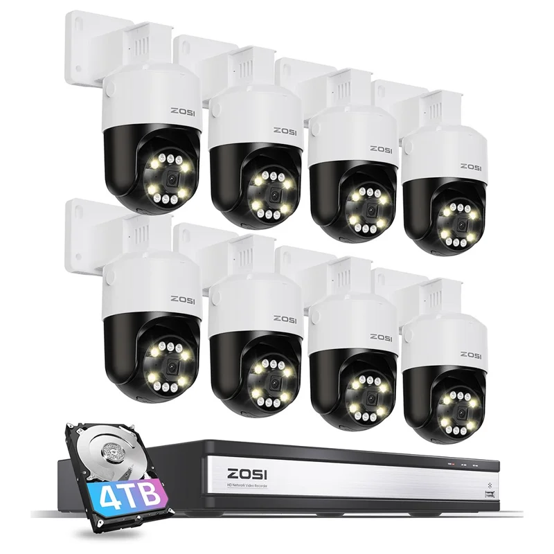 ZOSI C296 8 Stück 5MP 3K Outdoor Kameras mit Auto-Tracking, Zweiwege-Audio und PoE, 16-Kanal 8MP NVR mit 4TB Festplatte - US-Stecker