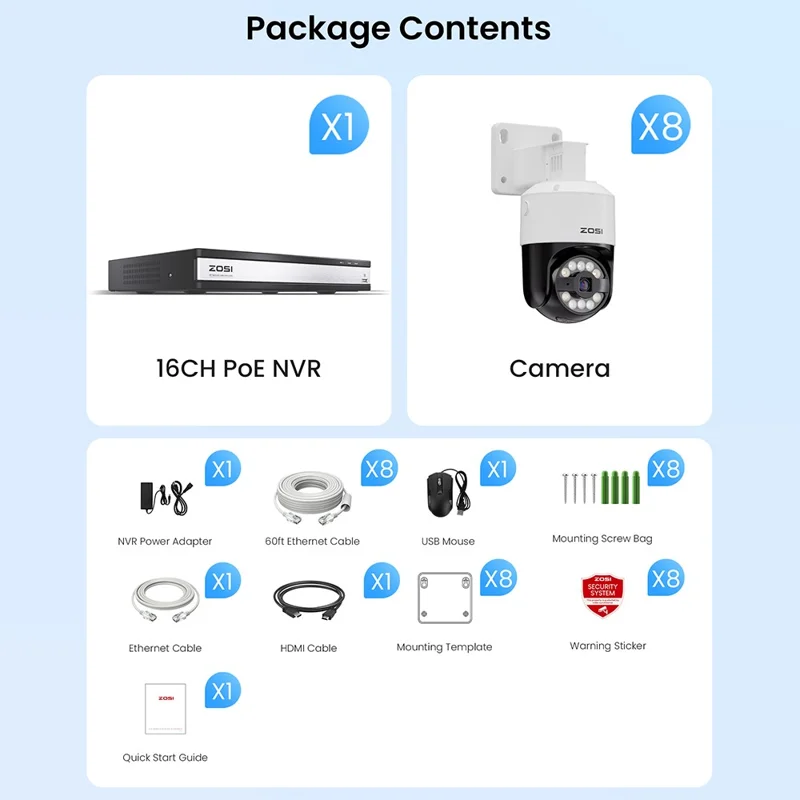ZOSI C296 8 Stück 5MP 3K Outdoor Kameras mit Auto-Tracking, Zweiwege-Audio und PoE, 16-Kanal 8MP NVR mit 4TB Festplatte - US-Stecker