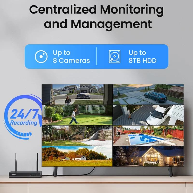 ZOSI 2K WiFi 6 Security Camera System 8 x 3MP Wireless Cameras Indoor / Outdoor AI Human Detection Color Night Vision Two-Way Audio 8CH 4K NVR 2TB HDD