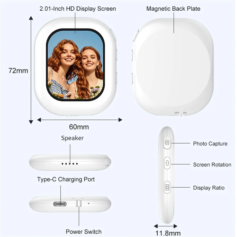 T3 Magnetic Selfie Monitor Screen for Smartphones 2.01 inch Wireless Display Rear Camera Screen Mirroring - White