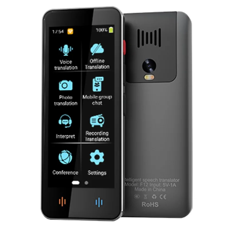 جهاز الترجمة الصوتية الذكية F12 جهاز ترجمة متعدد اللغات في الوقت الفعلي مع وظائف التسجيل والترجمة من الصور - أسود