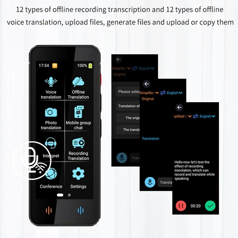 جهاز الترجمة الصوتية الذكية F12 جهاز ترجمة متعدد اللغات في الوقت الفعلي مع وظائف التسجيل والترجمة من الصور - أسود