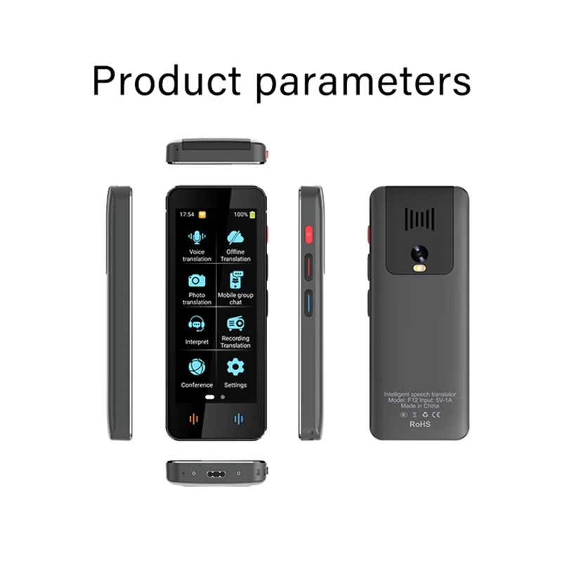 جهاز الترجمة الصوتية الذكية F12 جهاز ترجمة متعدد اللغات في الوقت الفعلي مع وظائف التسجيل والترجمة من الصور - أسود