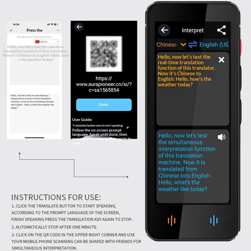 جهاز الترجمة الصوتية الذكية F12 جهاز ترجمة متعدد اللغات في الوقت الفعلي مع وظائف التسجيل والترجمة من الصور - أسود