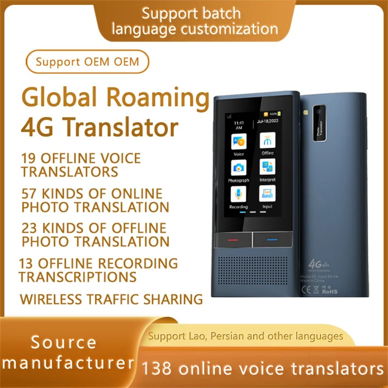 Z6 4G Smart Voice Translator med understøttelse af 138 sprog To-vejs simultan fortolkningsenhed