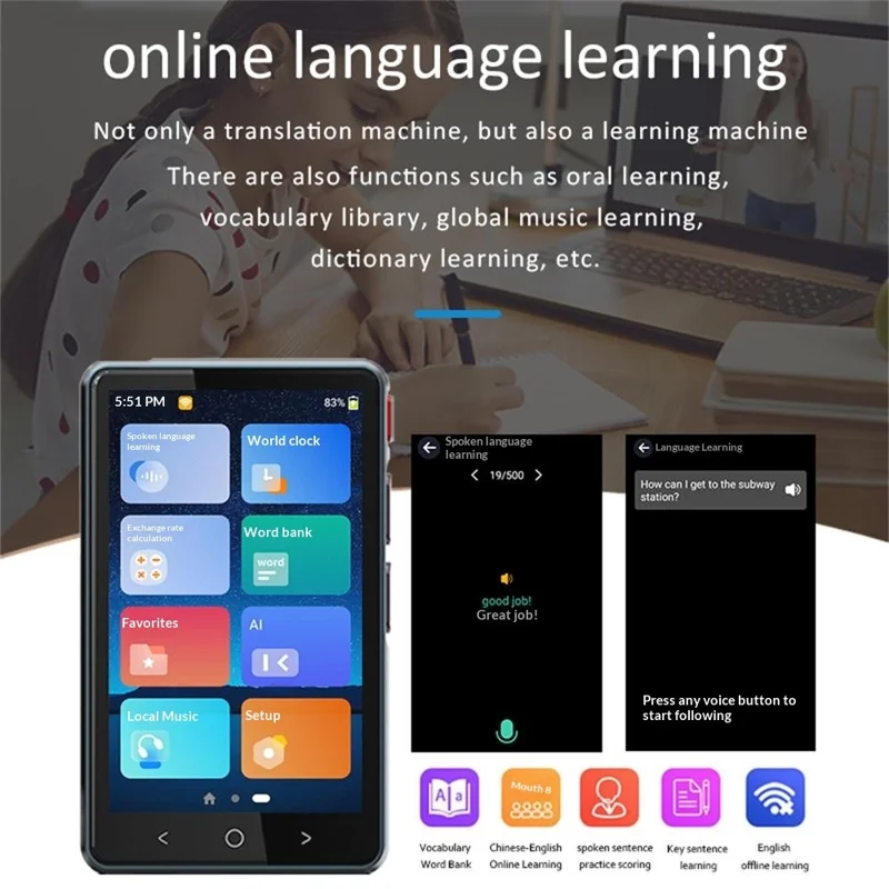 P40 Smart Voice Offline Translator Multilingual Translation Device with MP3 Player Multi-Functional for Travel Study - Sort