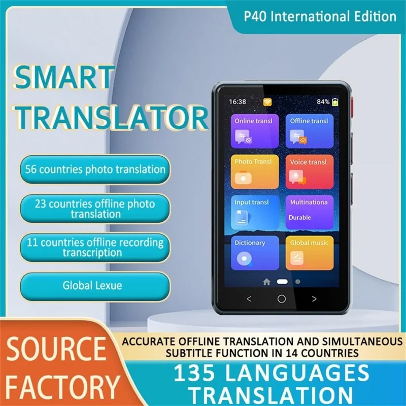 P40 Smart Voice Offline Translator Multilingual Translation Device with MP3 Player Multi-Functional for Travel Study - Sort
