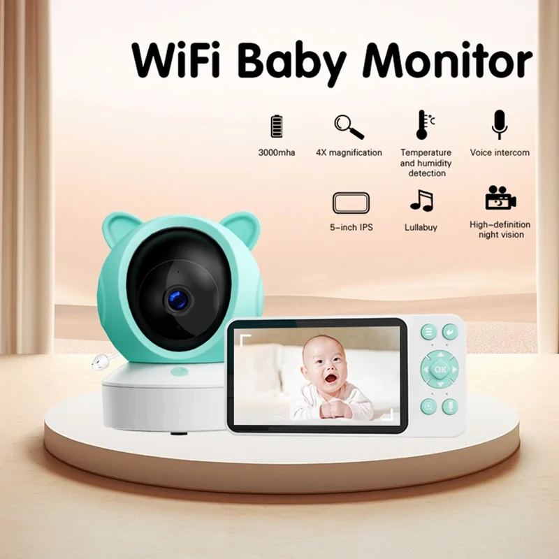 C8-A WiFi Baby Monitor 1080P Video Camera with Screen / Remote Tracking / Cry Detection / App Control - White+Green