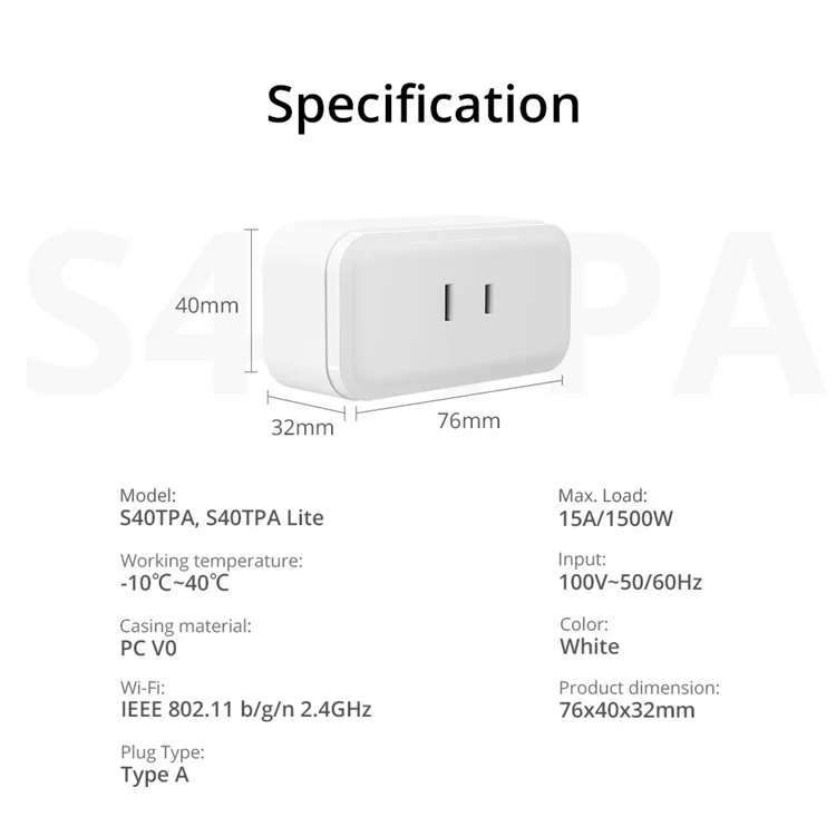 SONOFF S40 Wifi Smart Socket Mini Plug Para o Aplicativo de Suporte de Plugue Compacto de Escritório em Casa / Controle de Voz - Dois Buracos