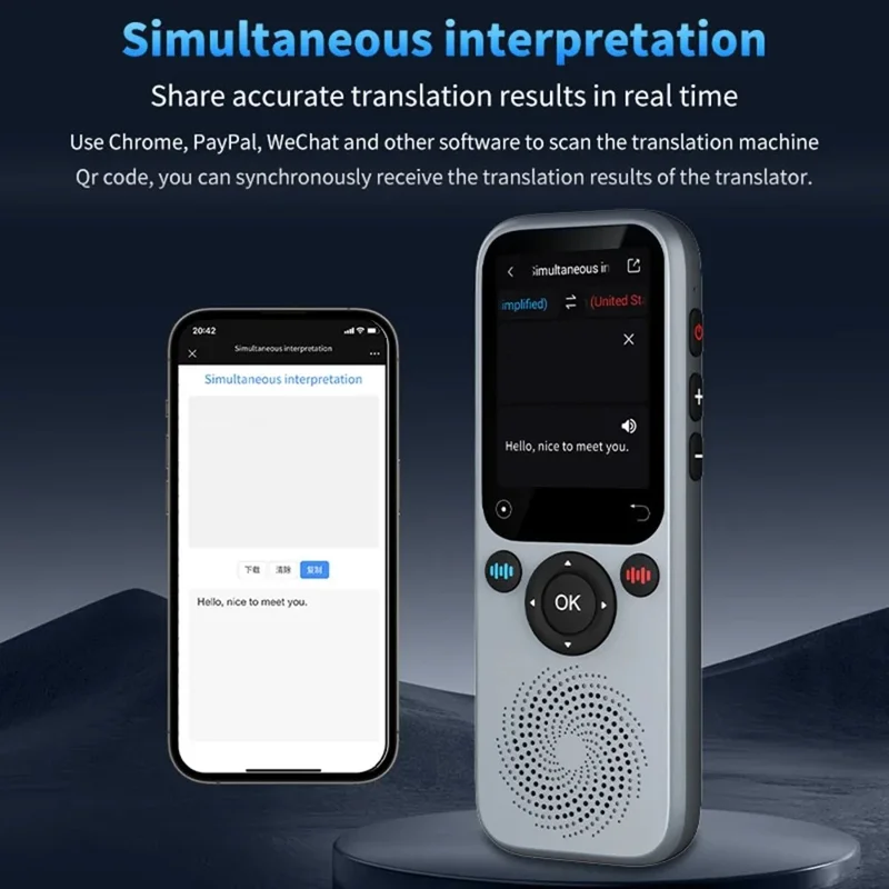 S20 Tragbares KI-Sprachübersetzungsgerät mit 138 Sprachen, Online-Offline-Stimmen- und Fotoübersetzung – Grau