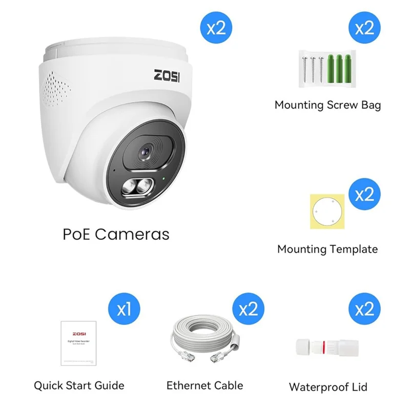ZOSI C220 2 pezzi 4MP QHD 2.5K Telecamera di Sicurezza 100 ft Visione Notturna con Rilevazione Intelligente del Movimento Umano Telecamera IP PoE Esterna - Bianco