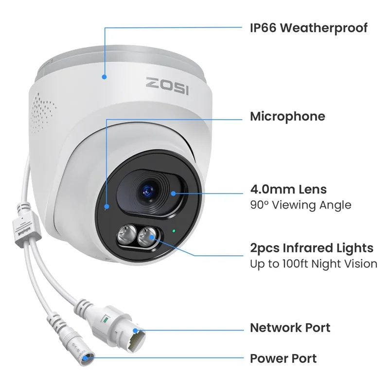 ZOSI C220 4Pcs 4MP QHD 2.5K Security Camera 100ft Night Vision AI Human Detection Outdoor PoE IP Camera - White