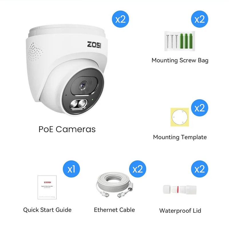 ZOSI C220 2Pcs 4K UHD 8MP PoE Add-On IP Camera AI Person  /  Vehicle Detection Two-Way Audio Night Vision Security Cam - White