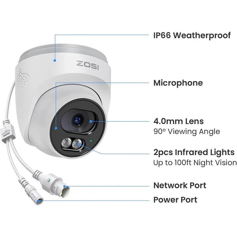 ZOSI C220 2Pcs 4K UHD 8MP PoE Add-On IP Camera AI Person  /  Vehicle Detection Two-Way Audio Night Vision Security Cam - White