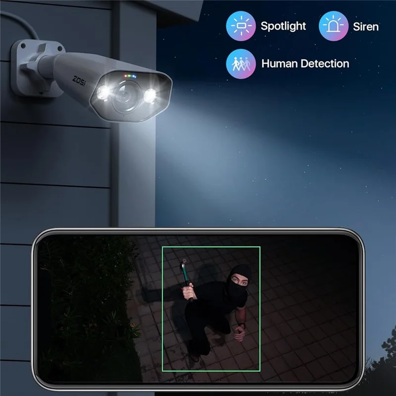 ZOSI 1 Stück 4K PoE Nachrüst-Kamera 8 MP AI Mensch- und Fahrzeugerkennung wasserdicht Überwachungskamera mit Farb-Nachtsicht – Weiß