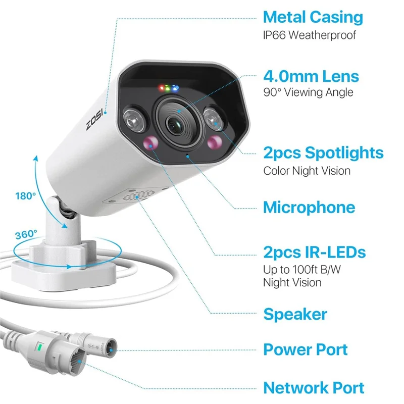 ZOSI 1 Stück 4K PoE Nachrüst-Kamera 8 MP AI Mensch- und Fahrzeugerkennung wasserdicht Überwachungskamera mit Farb-Nachtsicht – Weiß
