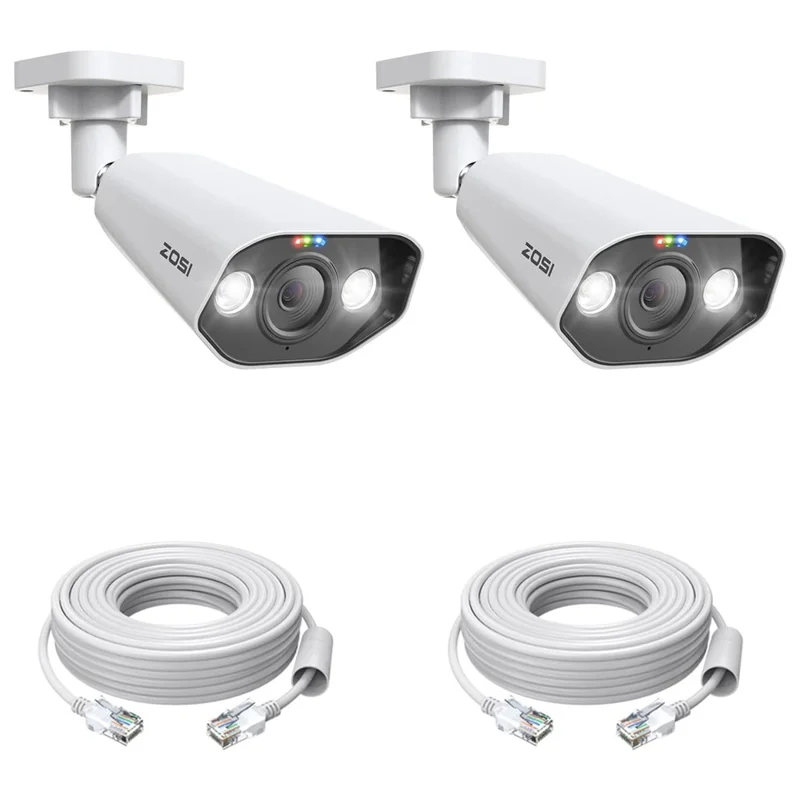 ZOSI 2Pcs 4K PoE Add-on Camera 8MP AI Human Vehicle Detection Waterproof Color Night Vision Security Bullet Cam - White