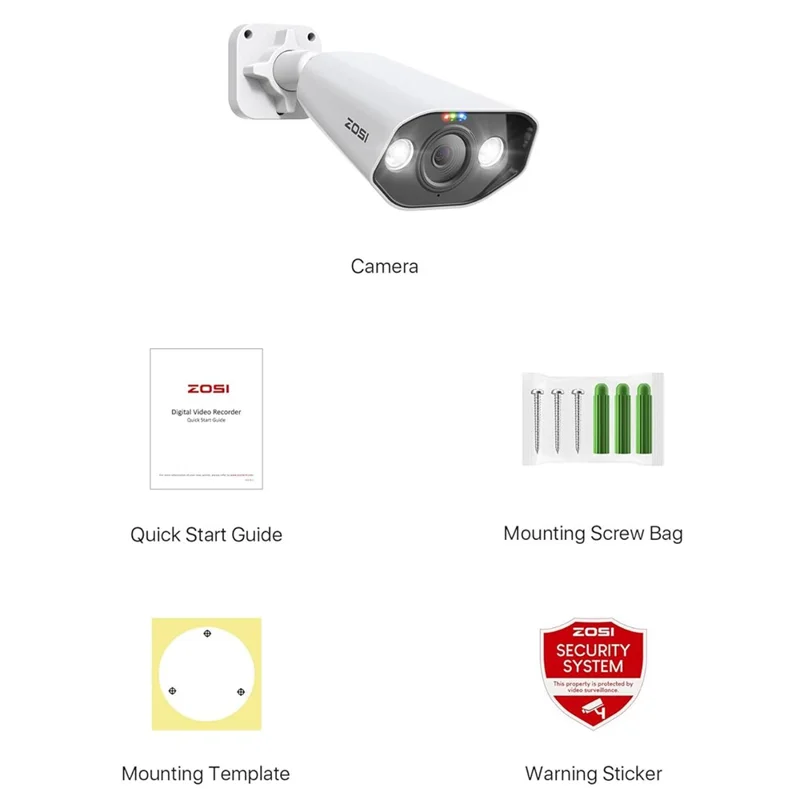 ZOSI 2Pcs 4K PoE Add-on Camera 8MP AI Human Vehicle Detection Waterproof Color Night Vision Security Bullet Cam - White