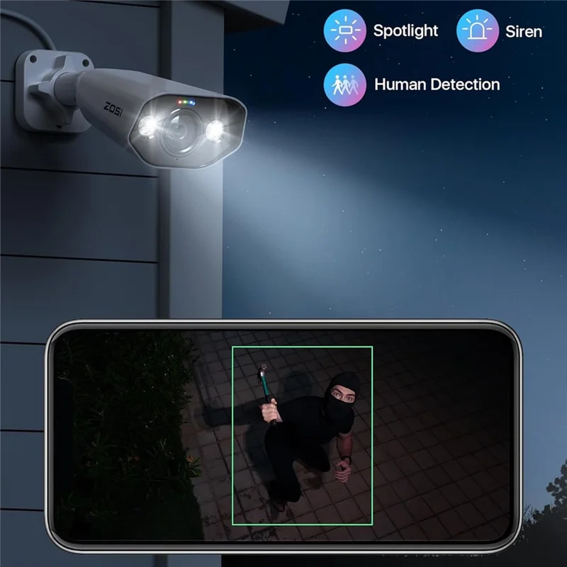 ZOSI 2Pcs 4K PoE Add-on Camera 8MP AI Human Vehicle Detection Waterproof Color Night Vision Security Bullet Cam - White