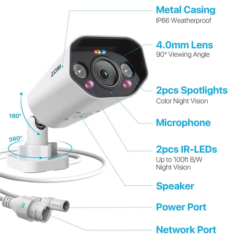 ZOSI 2Pcs 4K PoE Add-on Camera 8MP AI Human Vehicle Detection Waterproof Color Night Vision Security Bullet Cam - White